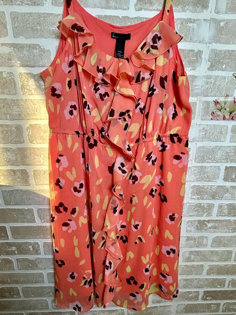 Lane Bryant Coral Pink & Yellow Floral Ruffle Midi Dress
